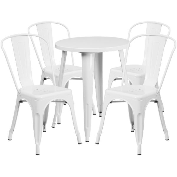Commercial Grade 24" Round White Metal Indoor-Outdoor Table Set with 4 Cafe Chairs CH-51080TH-4-18CAFE-WH-GG