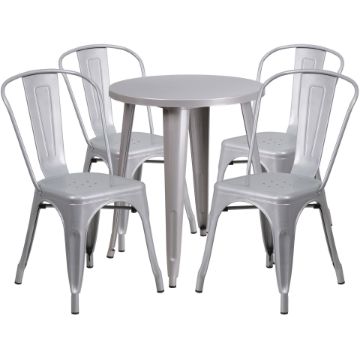 Commercial Grade 24" Round Silver Metal Indoor-Outdoor Table Set with 4 Cafe Chairs CH-51080TH-4-18CAFE-SIL-GG Commercial Grade 24" Round Silver Metal Indoor-Outdoor Table Set with 4 Cafe Chairs CH-51080TH-4-18CAFE-SIL-GG