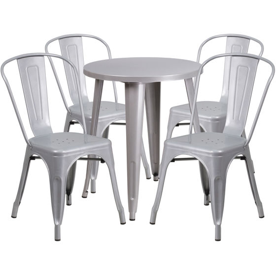 Commercial Grade 24" Round Silver Metal Indoor-Outdoor Table Set with 4 Cafe Chairs CH-51080TH-4-18CAFE-SIL-GG
