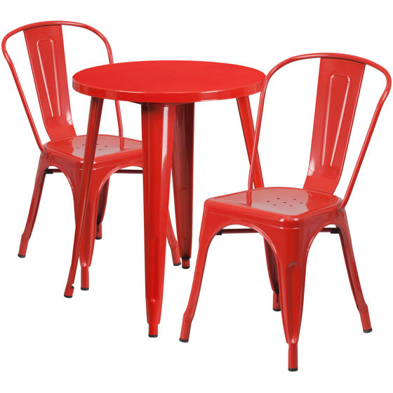 Commercial Grade 24" Round Red Metal Indoor-Outdoor Table Set with 2 Cafe Chairs CH-51080TH-2-18CAFE-RED-GG