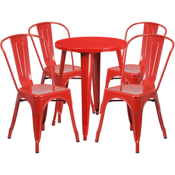 Commercial Grade 24" Round Red Metal Indoor-Outdoor Table Set with 4 Cafe Chairs CH-51080TH-4-18CAFE-RED-GG