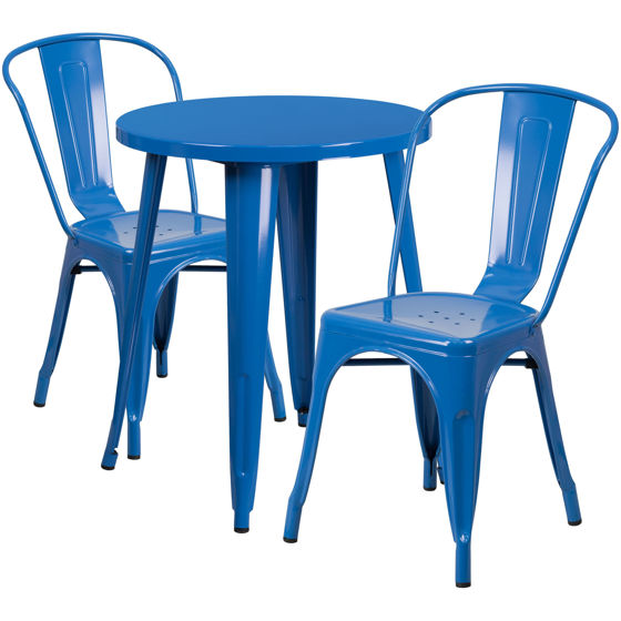 Commercial Grade 24" Round Blue Metal Indoor-Outdoor Table Set with 2 Cafe Chairs CH-51080TH-2-18CAFE-BL-GG