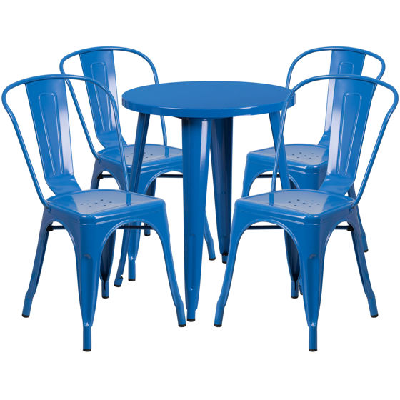Commercial Grade 24" Round Blue Metal Indoor-Outdoor Table Set with 4 Cafe Chairs CH-51080TH-4-18CAFE-BL-GG
