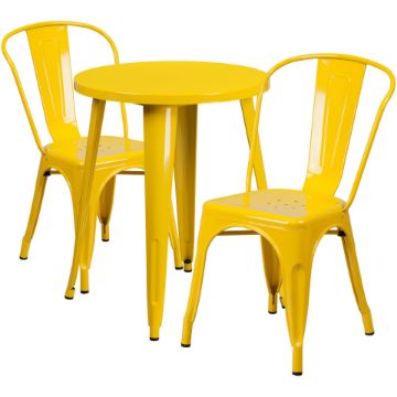 Commercial Grade 24" Round Yellow Metal Indoor-Outdoor Table Set with 2 Cafe Chairs CH-51080TH-2-18CAFE-YL-GG Commercial Grade 24" Round Yellow Metal Indoor-Outdoor Table Set with 2 Cafe Chairs CH-51080TH-2-18CAFE-YL-GG