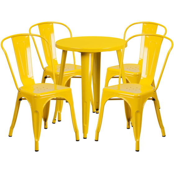 Commercial Grade 24" Round Yellow Metal Indoor-Outdoor Table Set with 4 Cafe Chairs CH-51080TH-4-18CAFE-YL-GG