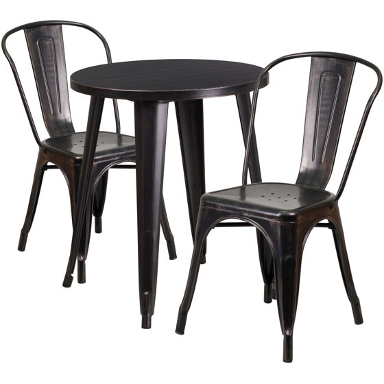 Commercial Grade 24" Round Black-Antique Gold Metal Indoor-Outdoor Table Set with 2 Cafe Chairs CH-51080TH-2-18CAFE-BQ-GG