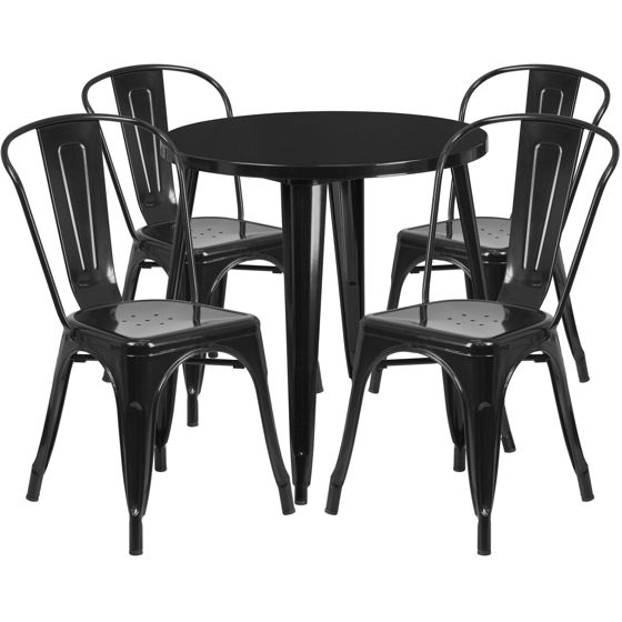 Commercial Grade 30" Round Black Metal Indoor-Outdoor Table Set with 4 Cafe Chairs CH-51090TH-4-18CAFE-BK-GG