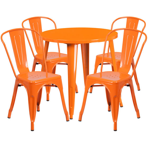 Commercial Grade 30" Round Orange Metal Indoor-Outdoor Table Set with 4 Cafe Chairs CH-51090TH-4-18CAFE-OR-GG