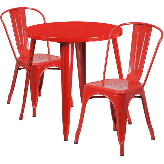 Commercial Grade 30" Round Red Metal Indoor-Outdoor Table Set with 2 Cafe Chairs CH-51090TH-2-18CAFE-RED-GG