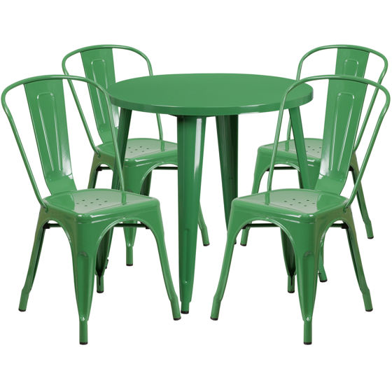 Commercial Grade 30" Round Green Metal Indoor-Outdoor Table Set with 4 Cafe Chairs CH-51090TH-4-18CAFE-GN-GG