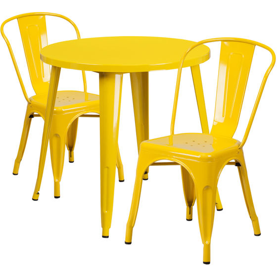 Commercial Grade 30" Round Yellow Metal Indoor-Outdoor Table Set with 2 Cafe Chairs CH-51090TH-2-18CAFE-YL-GG