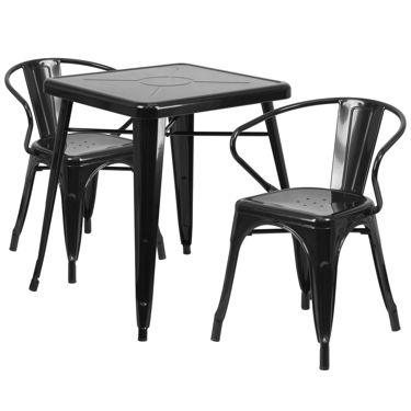 Commercial Grade 23.75" Square Black Metal Indoor-Outdoor Table Set with 2 Arm Chairs CH-31330-2-70-BK-GG