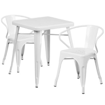 Commercial Grade 23.75" Square White Metal Indoor-Outdoor Table Set with 2 Arm Chairs CH-31330-2-70-WH-GG Commercial Grade 23.75" Square White Metal Indoor-Outdoor Table Set with 2 Arm Chairs CH-31330-2-70-WH-GG