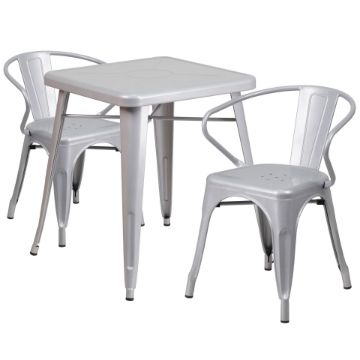 Commercial Grade 23.75" Square Silver Metal Indoor-Outdoor Table Set with 2 Arm Chairs CH-31330-2-70-SIL-GG Commercial Grade 23.75" Square Silver Metal Indoor-Outdoor Table Set with 2 Arm Chairs CH-31330-2-70-SIL-GG