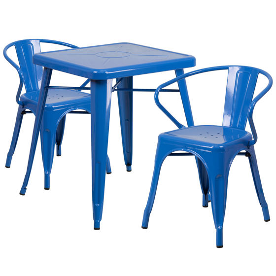 Commercial Grade 23.75" Square Blue Metal Indoor-Outdoor Table Set with 2 Arm Chairs CH-31330-2-70-BL-GG