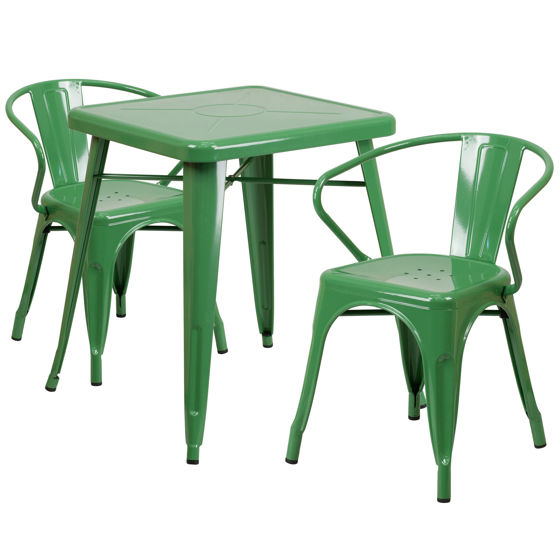 Commercial Grade 23.75" Square Green Metal Indoor-Outdoor Table Set with 2 Arm Chairs CH-31330-2-70-GN-GG