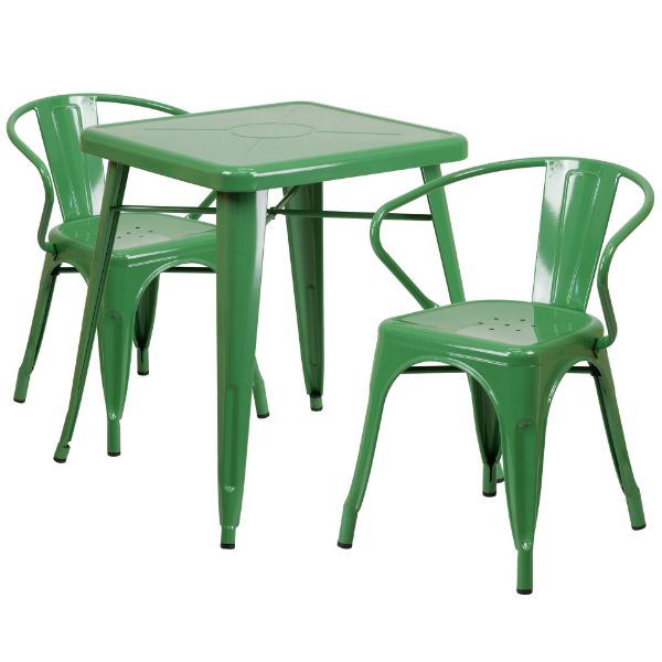 Commercial Grade 23.75" Square Green Metal Indoor-Outdoor Table Set with 2 Arm Chairs CH-31330-2-70-GN-GG