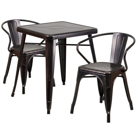 Commercial Grade 23.75" Square Black-Antique Gold Metal Indoor-Outdoor Table Set with 2 Arm Chairs CH-31330-2-70-BQ-GG