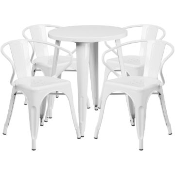 Commercial Grade 24" Round White Metal Indoor-Outdoor Table Set with 4 Arm Chairs CH-51080TH-4-18ARM-WH-GG Commercial Grade 24" Round White Metal Indoor-Outdoor Table Set with 4 Arm Chairs CH-51080TH-4-18ARM-WH-GG