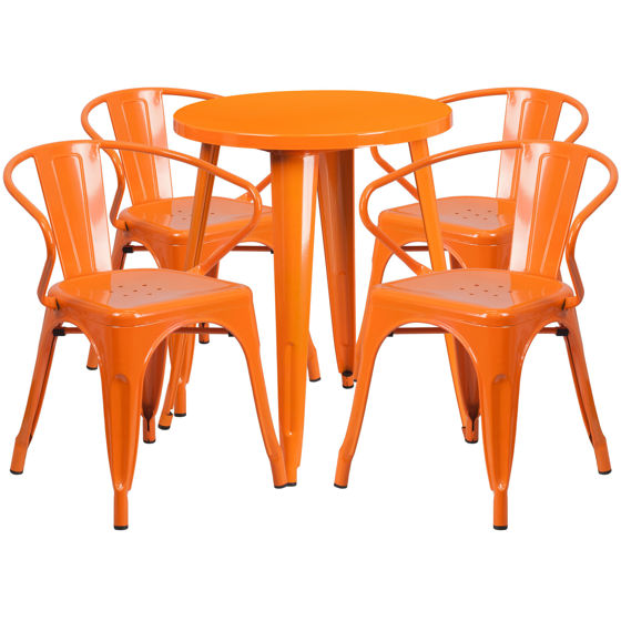 Commercial Grade 24" Round Orange Metal Indoor-Outdoor Table Set with 4 Arm Chairs CH-51080TH-4-18ARM-OR-GG