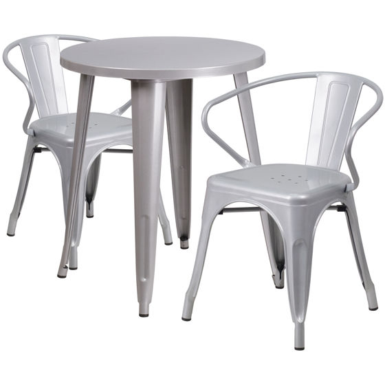 Commercial Grade 24" Round Silver Metal Indoor-Outdoor Table Set with 2 Arm Chairs CH-51080TH-2-18ARM-SIL-GG
