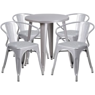 Commercial Grade 24" Round Silver Metal Indoor-Outdoor Table Set with 4 Arm Chairs CH-51080TH-4-18ARM-SIL-GG Commercial Grade 24" Round Silver Metal Indoor-Outdoor Table Set with 4 Arm Chairs CH-51080TH-4-18ARM-SIL-GG
