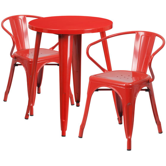 Commercial Grade 24" Round Red Metal Indoor-Outdoor Table Set with 2 Arm Chairs CH-51080TH-2-18ARM-RED-GG