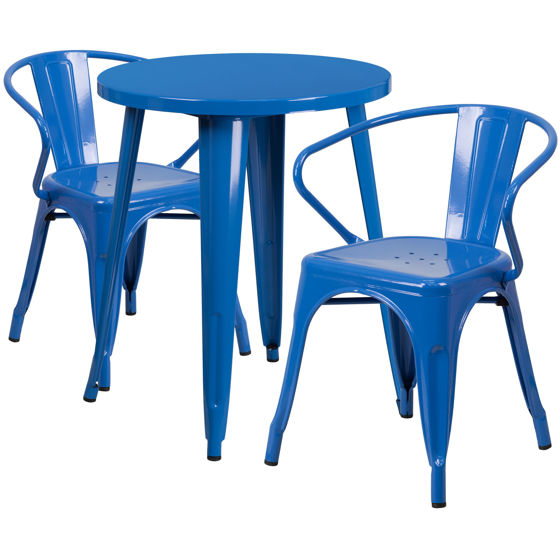 Commercial Grade 24" Round Blue Metal Indoor-Outdoor Table Set with 2 Arm Chairs CH-51080TH-2-18ARM-BL-GG