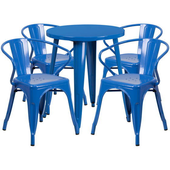 Commercial Grade 24" Round Blue Metal Indoor-Outdoor Table Set with 4 Arm Chairs CH-51080TH-4-18ARM-BL-GG