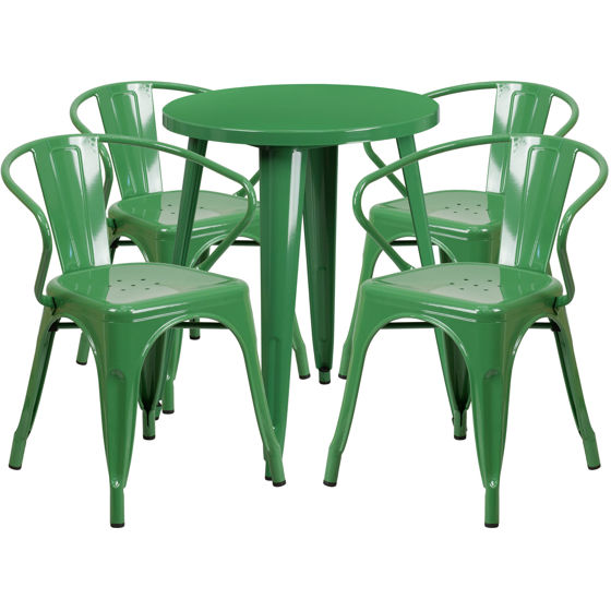 Commercial Grade 24" Round Green Metal Indoor-Outdoor Table Set with 4 Arm Chairs CH-51080TH-4-18ARM-GN-GG