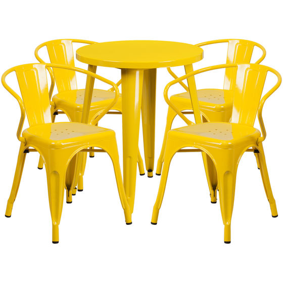 Commercial Grade 24" Round Yellow Metal Indoor-Outdoor Table Set with 4 Arm Chairs CH-51080TH-4-18ARM-YL-GG