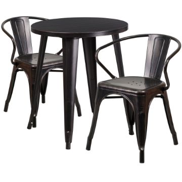 Commercial Grade 24" Round Black-Antique Gold Metal Indoor-Outdoor Table Set with 2 Arm Chairs CH-51080TH-2-18ARM-BQ-GG Commercial Grade 24" Round Black-Antique Gold Metal Indoor-Outdoor Table Set with 2 Arm Chairs CH-51080TH-2-18ARM-BQ-GG
