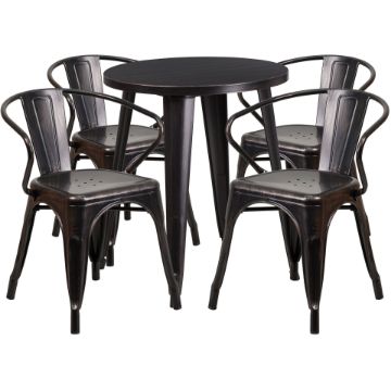 Commercial Grade 24" Round Black-Antique Gold Metal Indoor-Outdoor Table Set with 4 Arm Chairs CH-51080TH-4-18ARM-BQ-GG Commercial Grade 24" Round Black-Antique Gold Metal Indoor-Outdoor Table Set with 4 Arm Chairs CH-51080TH-4-18ARM-BQ-GG