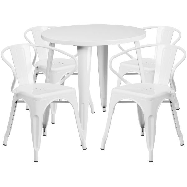 Commercial Grade 30" Round White Metal Indoor-Outdoor Table Set with 4 Arm Chairs CH-51090TH-4-18ARM-WH-GG