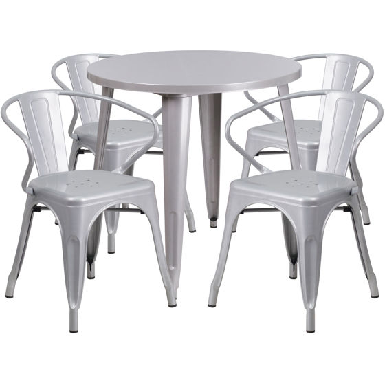 Commercial Grade 30" Round Silver Metal Indoor-Outdoor Table Set with 4 Arm Chairs CH-51090TH-4-18ARM-SIL-GG