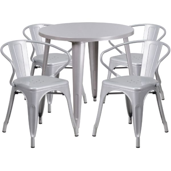 Commercial Grade 30" Round Silver Metal Indoor-Outdoor Table Set with 4 Arm Chairs CH-51090TH-4-18ARM-SIL-GG