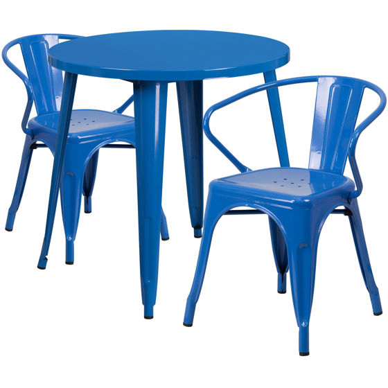 Commercial Grade 30" Round Blue Metal Indoor-Outdoor Table Set with 2 Arm Chairs CH-51090TH-2-18ARM-BL-GG