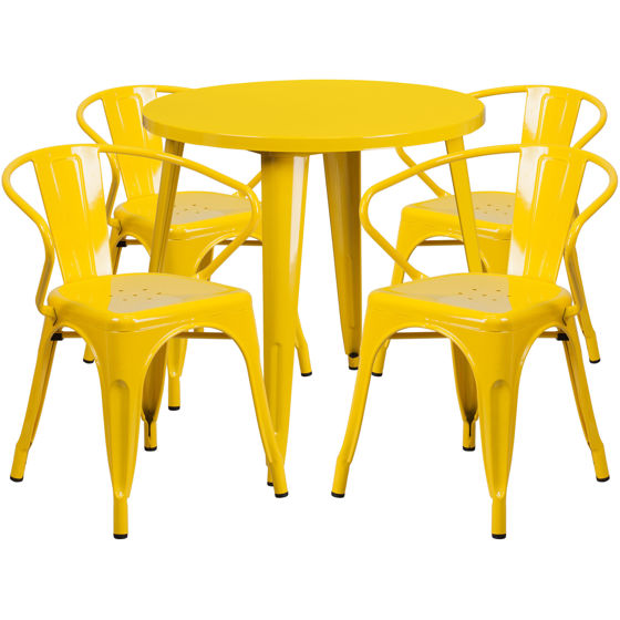 Commercial Grade 30" Round Yellow Metal Indoor-Outdoor Table Set with 4 Arm Chairs CH-51090TH-4-18ARM-YL-GG