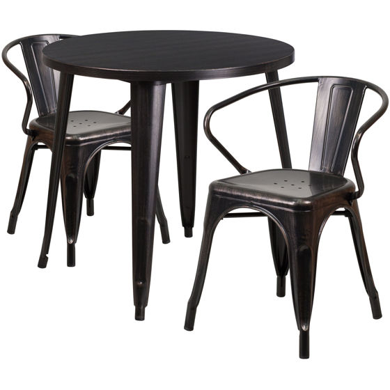 Commercial Grade 30" Round Black-Antique Gold Metal Indoor-Outdoor Table Set with 2 Arm Chairs CH-51090TH-2-18ARM-BQ-GG