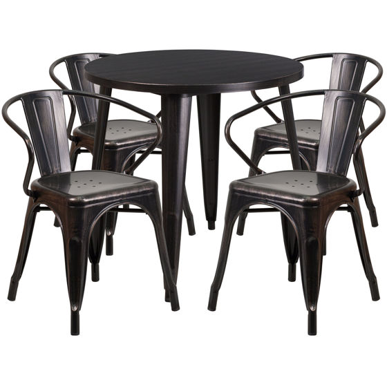 Commercial Grade 30" Round Black-Antique Gold Metal Indoor-Outdoor Table Set with 4 Arm Chairs CH-51090TH-4-18ARM-BQ-GG