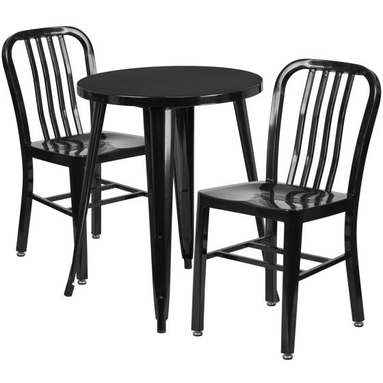 Commercial Grade 24" Round Black Metal Indoor-Outdoor Table Set with 2 Vertical Slat Back Chairs CH-51080TH-2-18VRT-BK-GG