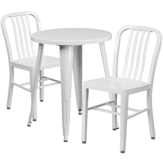 Commercial Grade 24" Round White Metal Indoor-Outdoor Table Set with 2 Vertical Slat Back Chairs CH-51080TH-2-18VRT-WH-GG