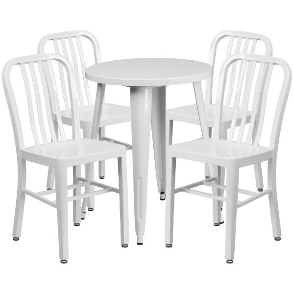 Commercial Grade 24" Round White Metal Indoor-Outdoor Table Set with 4 Vertical Slat Back Chairs CH-51080TH-4-18VRT-WH-GG