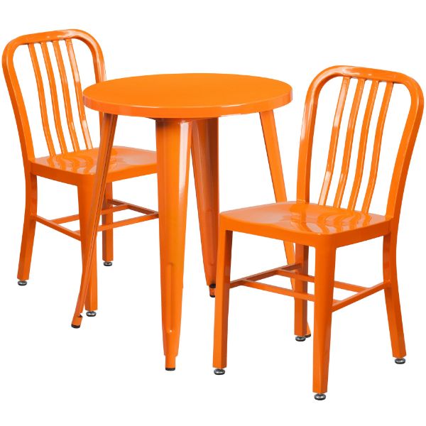 Commercial Grade 24" Round Orange Metal Indoor-Outdoor Table Set with 2 Vertical Slat Back Chairs CH-51080TH-2-18VRT-OR-GG