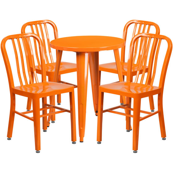 Commercial Grade 24" Round Orange Metal Indoor-Outdoor Table Set with 4 Vertical Slat Back Chairs CH-51080TH-4-18VRT-OR-GG