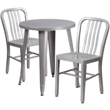 Commercial Grade 24" Round Silver Metal Indoor-Outdoor Table Set with 2 Vertical Slat Back Chairs CH-51080TH-2-18VRT-SIL-GG Commercial Grade 24" Round Silver Metal Indoor-Outdoor Table Set with 2 Vertical Slat Back Chairs CH-51080TH-2-18VRT-SIL-GG