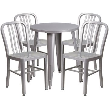 Commercial Grade 24" Round Silver Metal Indoor-Outdoor Table Set with 4 Vertical Slat Back Chairs CH-51080TH-4-18VRT-SIL-GG Commercial Grade 24" Round Silver Metal Indoor-Outdoor Table Set with 4 Vertical Slat Back Chairs CH-51080TH-4-18VRT-SIL-GG