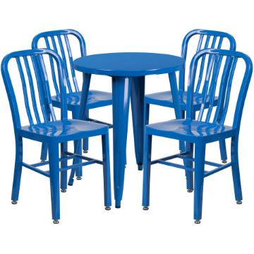 Commercial Grade 24" Round Blue Metal Indoor-Outdoor Table Set with 4 Vertical Slat Back Chairs CH-51080TH-4-18VRT-BL-GG Commercial Grade 24" Round Blue Metal Indoor-Outdoor Table Set with 4 Vertical Slat Back Chairs CH-51080TH-4-18VRT-BL-GG