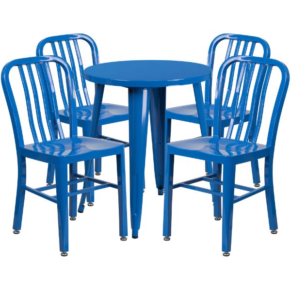 Commercial Grade 24" Round Blue Metal Indoor-Outdoor Table Set with 4 Vertical Slat Back Chairs CH-51080TH-4-18VRT-BL-GG