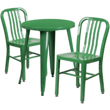 Commercial Grade 24" Round Green Metal Indoor-Outdoor Table Set with 2 Vertical Slat Back Chairs CH-51080TH-2-18VRT-GN-GG Commercial Grade 24" Round Green Metal Indoor-Outdoor Table Set with 2 Vertical Slat Back Chairs CH-51080TH-2-18VRT-GN-GG